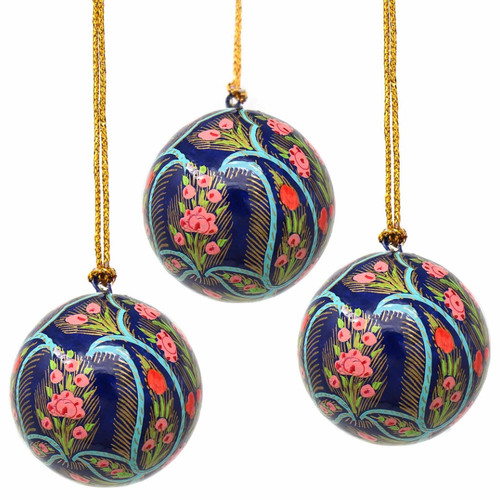 Hand Painted Coral & Blue Floral Ornaments-Set of 3