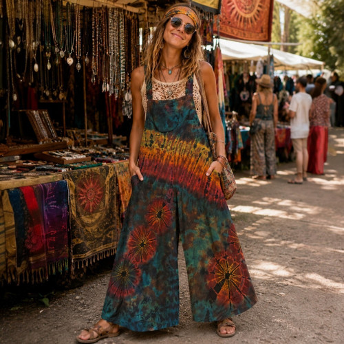 Cotton Tie Dye Elastic Strap Leg Overalls-One Size