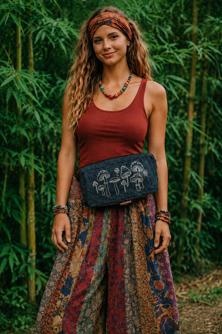 FREE SHIP! Cotton Canvas Mushroom Waist Belt/Sling Bag-Blue