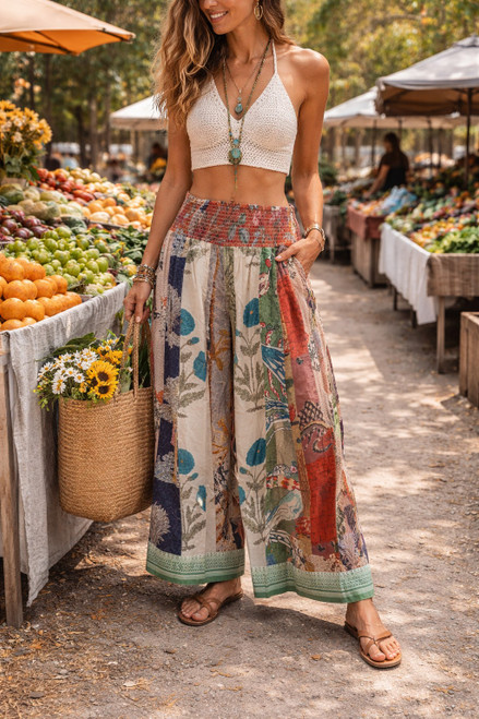 Cotton Wide Leg Patchwork Traveler Lounge Pants Exact Pattern-Size Medium