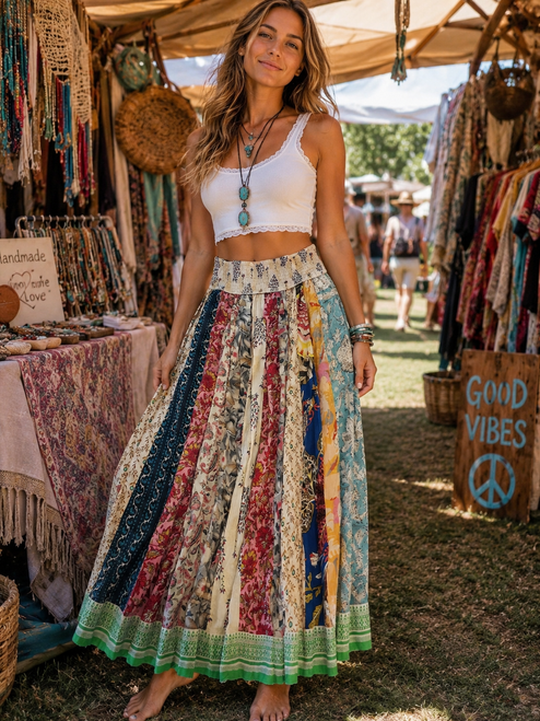 Cotton Patchwork Panel Long Skirt-Medium EXACT PATTERN
