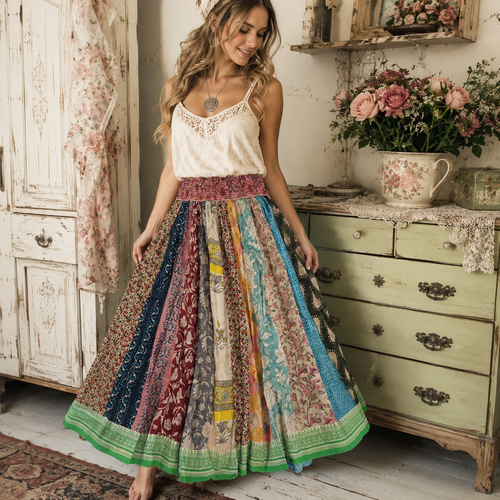 Cotton Long Patchwork Skirt-X-Large-EXACT PATTERN