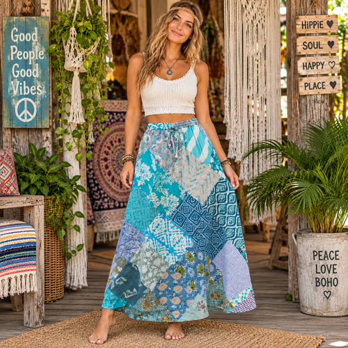 FREE SHIP! Cotton Oblique Patchwork Drawstring Skirt-Large