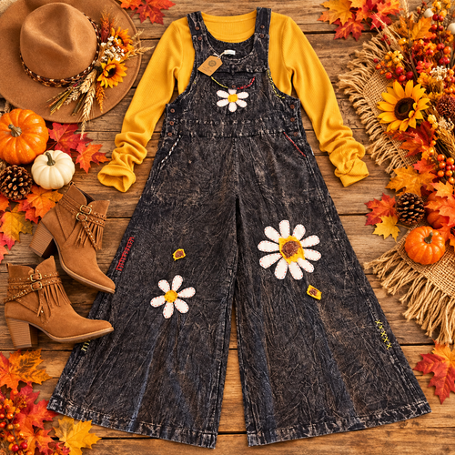 FREE SHIP! Cotton Daisy Wide Leg Overalls Plus Size Available