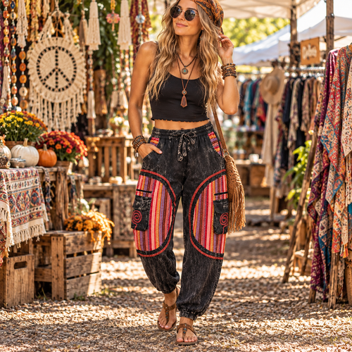 FREE SHIP! Cotton Black Drawstring Panel Patched Harem Pants Plus Size Available