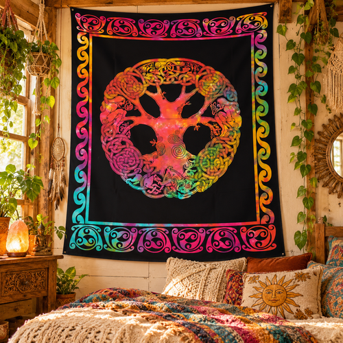 FREE SHIP! Cotton Black Celtic Tree of Life Tapestry 