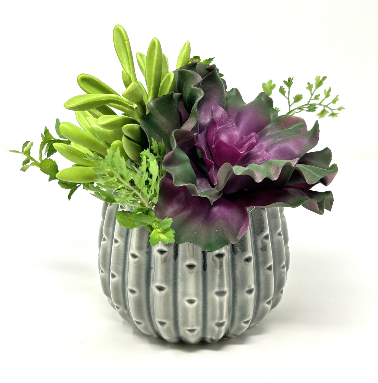 7.5" Artificial Purple & Green mixed Succulent Garden #14, 5" Gray Ceramic  Planter, handmade original filled artificial planter by Lower Forty Farm,  OOAK unique gift, home office decor - Lower Forty Farm