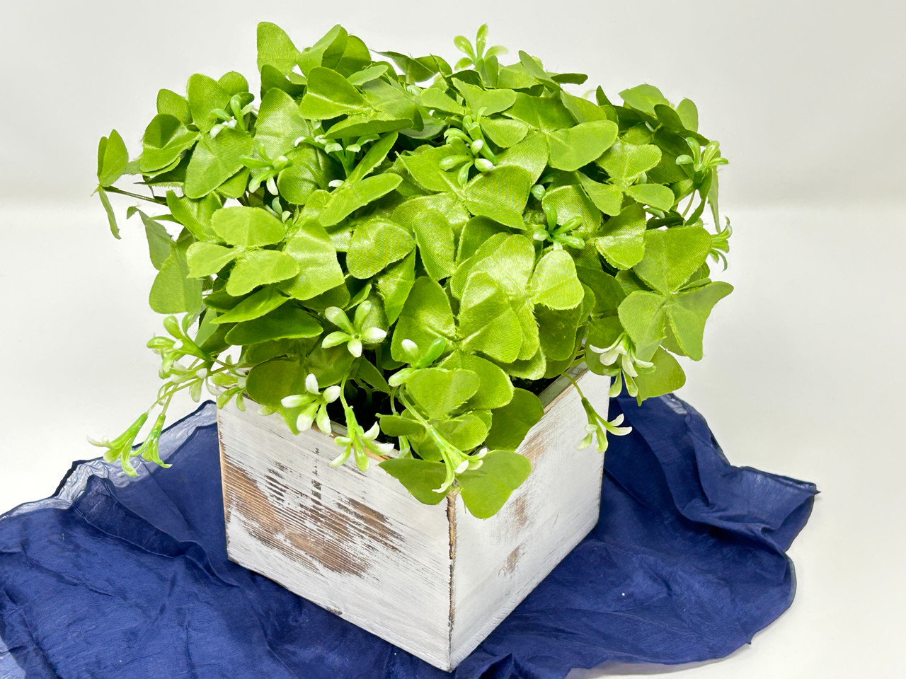 Small 8.5" tall Silk CLOVER SHAMROCK Artificial plant potted in  White-washed wooden box, handmade original by filled artificial planter by  Lower Forty ...