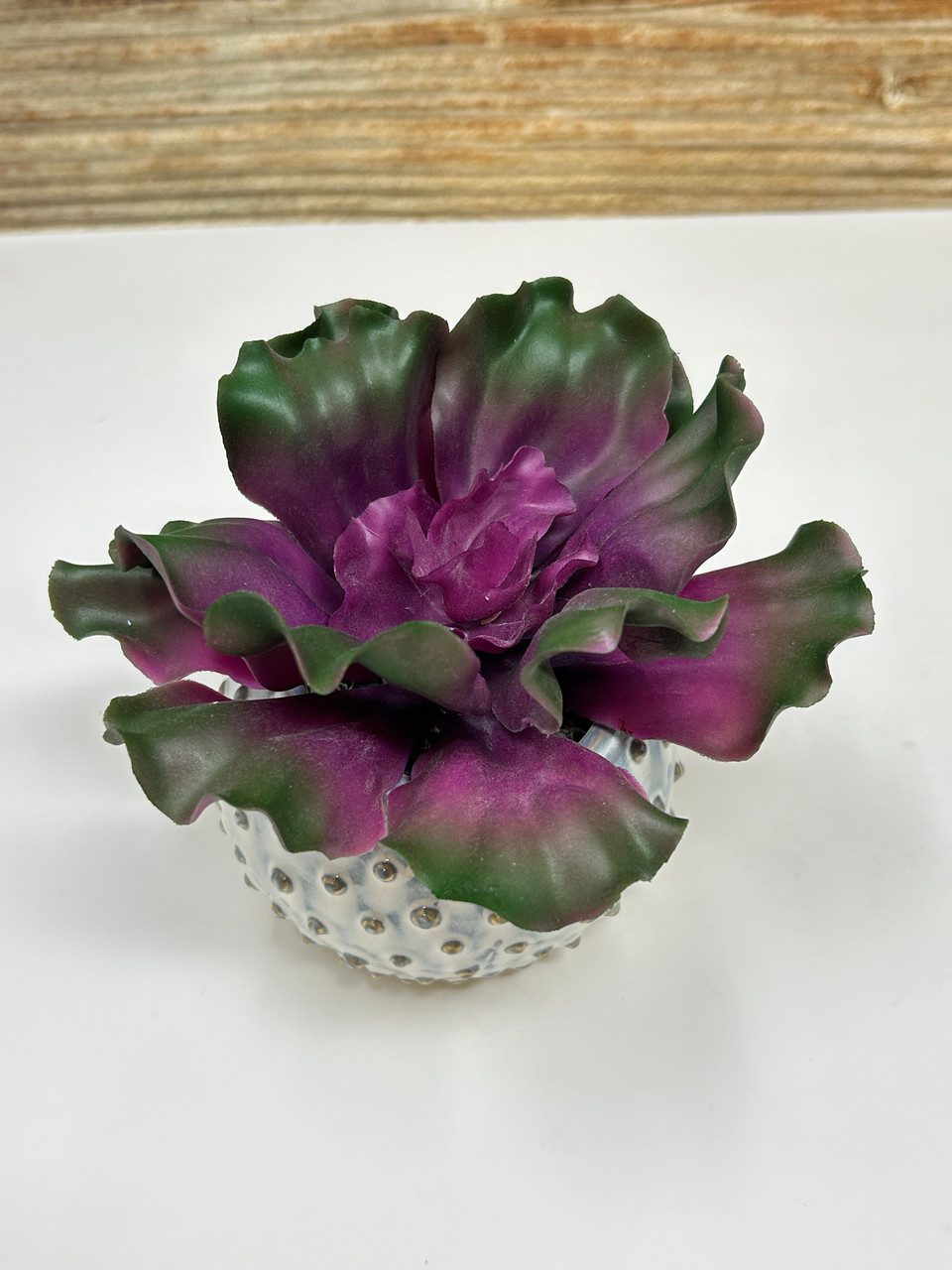 5" Artificial Soft PURPLE & Dark Green Soft Curly Echeveria Cabbage  SUCCULENT, 3" Ceramic White Dotted