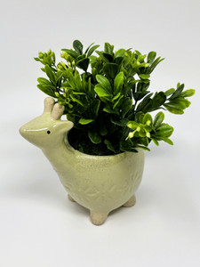 Mini 6" Artificial Boxwood plastic plant potted in Ceramic DEER Giraffe Pot, handmade original by Lower Forty Farm, home office decor