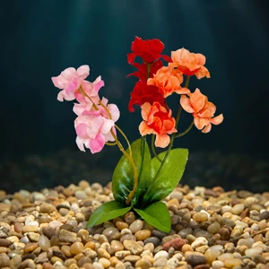 4" Small Pink, Red, & Orange MIX (Sushi color) Soft Silk FLOWER Betta & Goldfish-safe plant, stone base, Lower Forty Farm artificial aquarium plant