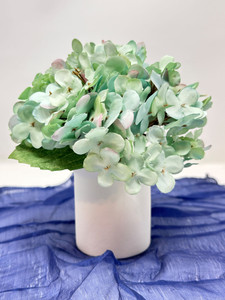 6.5" Artificial BLUE-GREEN HYDRANGEA faux Silk flower potted in smooth matte Cream Cylinder Ceramic Pot, handmade original by Lower Forty Farm, home office decor