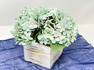 7" Artificial BLUE-GREEN HYDRANGEA faux Silk flower potted in distressed white Wooden Box, handmade original by Lower Forty Farm, home office decor