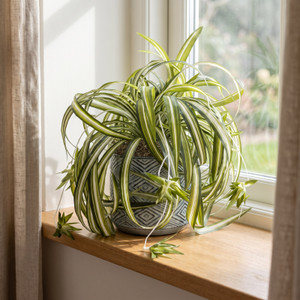 15" Spider plant in Blue-Brown Rhombus Ceramic Pot, handmade original by Lower Forty Farm, unique gift, home office decor