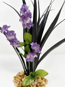 11" BLACK Vanilla SWORD Grass & PURPLE flower Combo 837A, Stone base, Realistic Artificial Aquarium Soft Silk & plastic plant, Lower Forty Farm unique Halloween combination arrangement