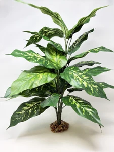 20" XXL 3-stem Silk Spotted DIEFFENBACHIA BUSH Variegated Shade Goldfish & Betta-safe, stone base, Lower Forty Farm artificial aquarium plant