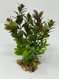 6" Small 2-stem BROWN-Green BOXWOOD Plastic Plant, Stone Base, Lower Forty Farm, unique handmade realistic natural-looking artificial aquarium plant