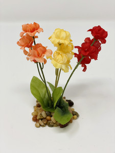 4 in.  Small Red, Orange & Yellow MIX  Soft Silk  FLOWER Goldfish & Betta-safe plant, stone base, Lower Forty Farm artificial aquarium plant