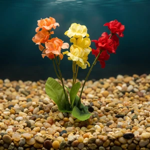 4 in.  Small Red, Orange & Yellow MIX  Soft Silk  FLOWER Goldfish & Betta-safe plant, stone base, Lower Forty Farm artif