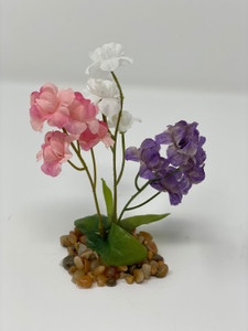 4 in. Small Pink, White & Purple MIX  Soft Silk FLOWER Goldfish & Betta-safe plant, stone base, Lower Forty Farm artificial aquarium plant