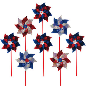 8 pk  Red, White, Blue Mylar PATRIOT SPARKLE PINWHEELS Ground Wind Spinner, 2863
