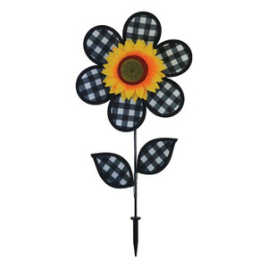 12" w Black GINGHAM SUNFLOWER with Leaves Ground Stake Wind Spinner, ITB-2660 12" w Black GINGHAM SUNFLOWER with Leaves Ground Stake Wind Spinner, ITB-2660