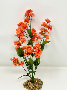 11 in.  Coral Lt. ORANGE soft silk FLOWER plant with stone base, Goldfish & Betta-safe plant, Lower Forty Farm artificial aquarium plant