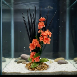 11" BLACK Vanilla SWORD Grass & ORANGE flower Combo 837A, Stone base, Realistic Artificial Aquarium Soft Silk & plastic 