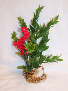 9" Sea Spray Artificial Aquarium plant, Red Flower, Accent Rainbow Rock in stone base #802 RED, Goldfish & Betta-safe plant, Lower Forty Farm artificial aquarium plant