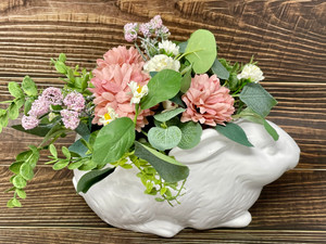 11" Pink Sage White silk Flower arrangement in White Ceramic Bunny Rabbit planter, handmade original by filled artificial planter by Lower Forty Farm, OOAK unique gift, home office decor