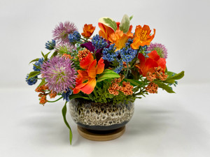 Small Autumn Spring arrangement in Brown container with White glaze