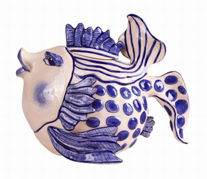 Blue Sky Clayworks Blue DELFT FISH Unique Ceramic Teapot, unique artistic gift for collector, Blue Sky Clayworks Blue DELFT FISH Unique Ceramic Teapot, unique artistic gift for collector,
