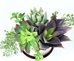 6" Unique Artificial Mauve Succulent Garden #7 mixed arrangement, 3" Silver Planter, handmade original filled artificial planter by Lower Forty Farm, OOAK unique gift, home office decor
