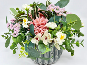 8" Sm PINK Floral Bouquet Silk flowers in Gray Ceramic Planter, handmade original by filled artificial planter by Lower Forty Farm, OOAK unique gift, home office decor