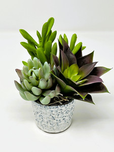 Mini 6" Artificial Purple & Green mixed Succulent Garden #13, Blue Stone Ceramic Pot Planter, handmade original filled artificial planter by Lower Forty Farm, OOAK unique gift, home office decor