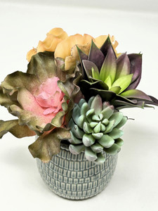 7" Artificial Soft Curly Echeveria Cabbage Succulent Garden #15 mixed arrangement, 4" Teal-cream planter, handmade original filled planter by Lower Forty Farm, unique gift, home office decor