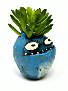 3.5" Potted Blue Monster MURPHY Blob House Mini pot WITH faux PLANT as shown, handmade original filled artificial planter by Lower Forty Farm, OOAK unique gift, home office decor