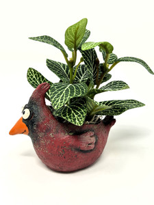 4.5" Potted BABY CARDINAL Ruddy Blobhouse Mini pot WITH faux silk Green Fittonia plant, handmade original filled artificial planter by Lower Forty Farm, OOAK unique gift, home office decor