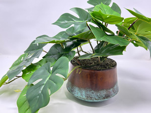 10" Artificial Monstera TRAILING PHILODENDRON Bush faux Silk plant potted in Copper Planter, handmade original by filled artificial planter by Lower Forty Farm, OOAK unique gift, home office decor
