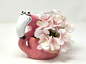 6" Potted Lg FLAMINGO Blob House pot with faux silk Pink Hydrangea Flowers, handmade original by filled artificial planter by Lower Forty Farm, OOAK unique gift, home office decor