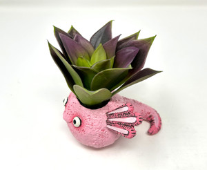 4.5" Potted PINK AXOLOTL Blob House pot with faux Purple Succulent plant, handmade original filled artificial planter by Lower Forty Farm, OOAK unique gift, home office decor