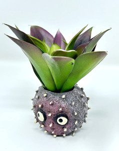 4.5" Mini Potted Purple UNI URCHIN Blob House pot with faux Purple Echeveria succulent plant, handmade original filled artificial planter by Lower Forty Farm, OOAK unique gift, home office decor
