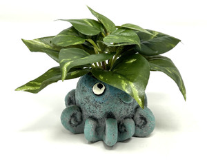 3.5 in. Potted Blue Inky OCTOPUS Blob House Mini pot WITH silk Pothos plant, handmade original filled artificial planter by Lower Forty Farm, OOAK unique gift, home office decor