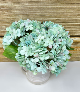 9" Small Artificial Blue-Green Turquoise HYDRANGEA faux Silk flowers in White 2-handle Ceramic Pot, handmade original by filled artificial planter by Lower Forty Farm, OOAK unique gift, home office decor