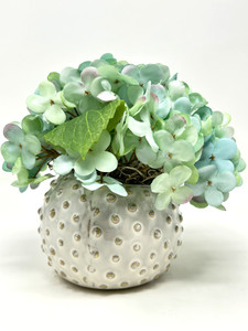 Mini 5.5" Artificial BLUE-GREEN HYDRANGEA faux Silk flower potted in Cream Dot Ceramic Pot, handmade original by filled artificial planter by Lower Forty Farm, OOAK unique gift, home office decor