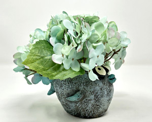 5" Potted BUBBLES Blue FISH Blob House Mini pot with silk Blue-Green Hydrangea as shown, handmade original by filled artificial planter by Lower Forty Farm, OOAK unique gift, home office decor