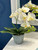 15" Lg WHITE Phalaenopsis ORCHID silk flower planter, 4" Blue ceramic footed pot, handmade original by Lower Forty Farm, OOAK unique gift, home office decor