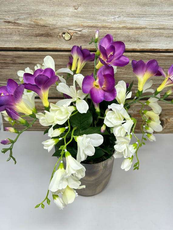 15" Silk White & Purple FREESIA flowers in 5" rustic Silver Metal Pot, handmade original by filled artificial planter by Lower Forty Farm, unique gift, floral home office decor
