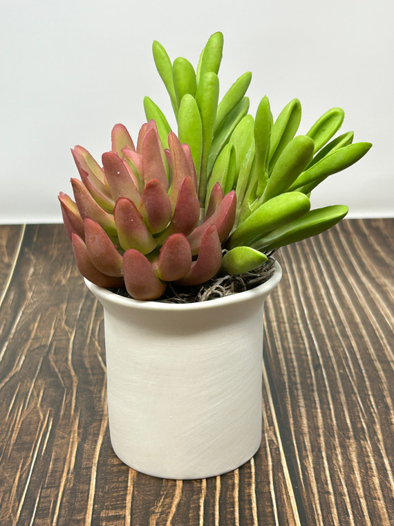 6" Artificial mixed Pink & Green Succulent Garden #25, White Ceramic Pot Planter, handmade original filled artificial planter by Lower Forty Farm, home office decor