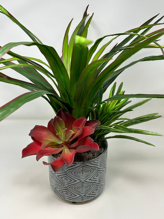 20" Lg Faux Green-Red YUCCA Silk plant, Red Kalanchoe, Dracaena in Ceramic blue-brown pot, handmade original by Lower Forty Farm